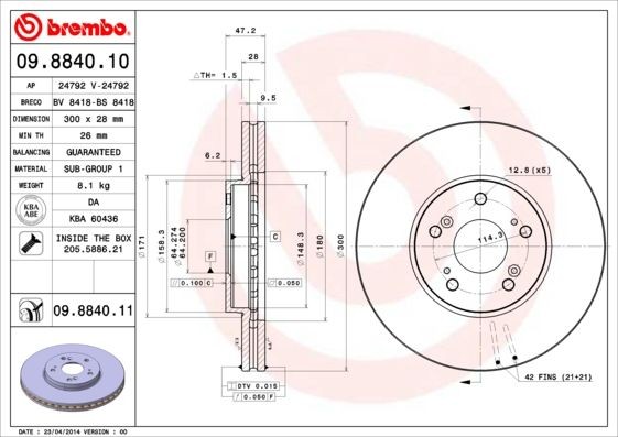 BREMBO COATED DISC LINE 300x28mm, 5, internally vented, Coated Ø: 300mm, Num. of holes: 5, Brake Disc Thickness: 28mm Brake rotor 09.8840.11 buy