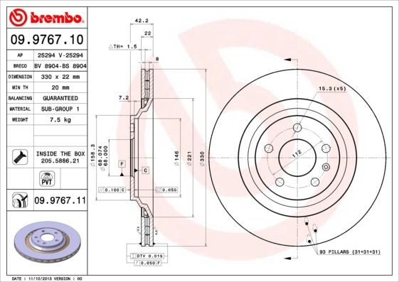 BREMBO COATED DISC LINE 330x22mm, 5, internally vented, Coated Ø: 330mm, Num. of holes: 5, Brake Disc Thickness: 22mm Brake rotor 09.9767.11 buy