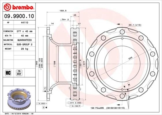 BREMBO 377x45mm, 10, internally vented, High-carbon Ø: 377mm, Num. of holes: 10, Brake Disc Thickness: 45mm Brake rotor 09.9900.10 buy
