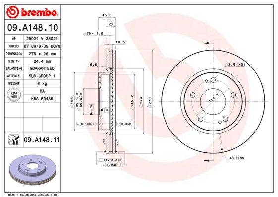 Original BREMBO Brake disc 09.A148.11 for MITSUBISHI GALANT