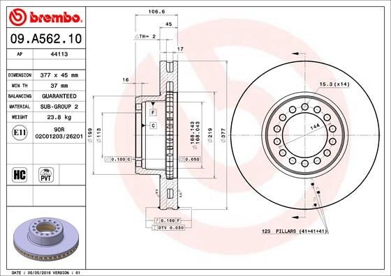BREMBO 09.A562.10 Brake disc 377x45mm, 14, internally vented, High-carbon
