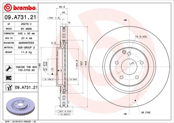 BREMBO COATED DISC LINE 09.A731.21 Brake disc 345x30mm, 5, internally vented, Coated, High-carbon