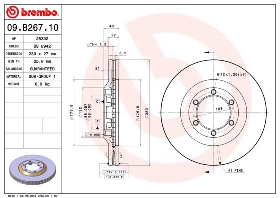 BREMBO 09.B267.10 Brake disc 98006259