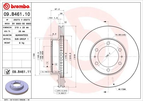 BREMBO COATED DISC LINE 09.B461.11 Brake disc 319x28mm, 6, internally vented, Coated