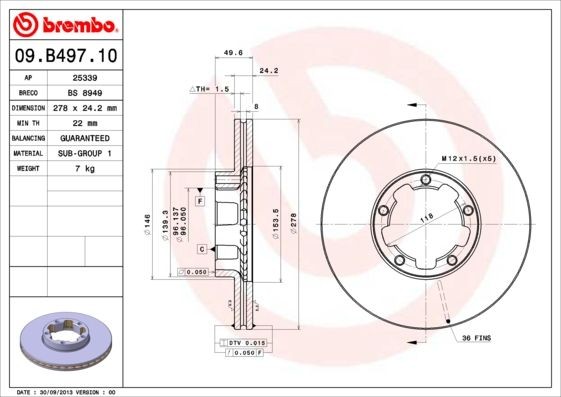 BREMBO 09.B497.10 Brake disc 278x24,2mm, 5, internally vented