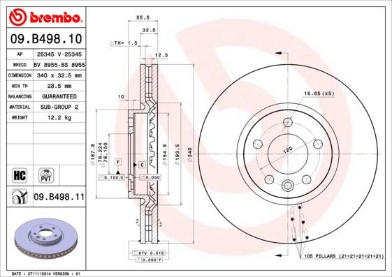 BREMBO 340x32,5mm, 5, internally vented, High-carbon Ø: 340mm, Num. of holes: 5, Brake Disc Thickness: 32,5mm Brake rotor 09.B498.10 buy