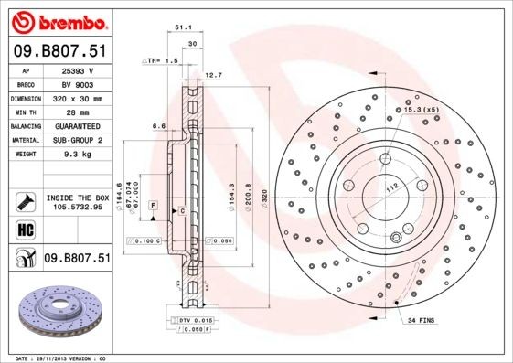 Disco freno 09.B807.51 BREMBO 320x30mm, 5, perforato/ventilazione interna, rivestito, ad alto tenore di carbonio, con bulloni/viti