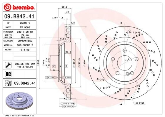 BREMBO COATED DISC LINE 09.B842.41 Brake disc 330x26mm, 5, perforated/vented, Coated, High-carbon