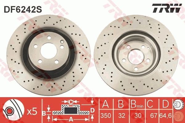 TRW DF6242S Brake disc 350x32mm, 5x112, Vented, Perforated, Painted