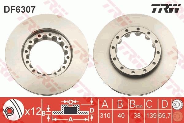 TRW DF6307S Brake disc 310x40mm, 12x161, Vented, Painted