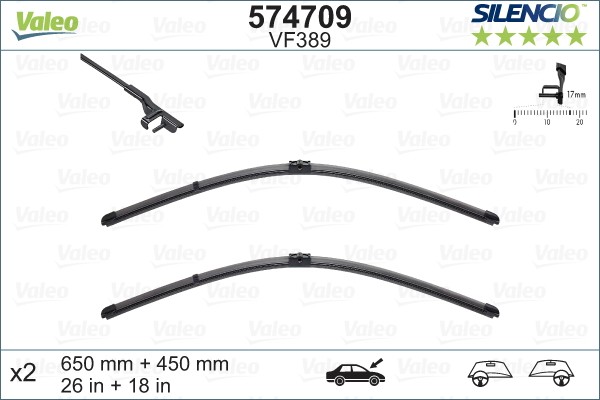 VALEO 574709 Windscreen wiper 650, 450 mm Front, Beam, with spoiler, Pin Fixing