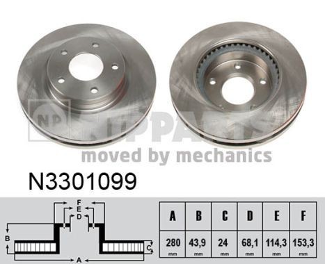 Brake disc set NIPPARTS Front Axle, 280x24mm, 5x114,3, internally vented - N3301099