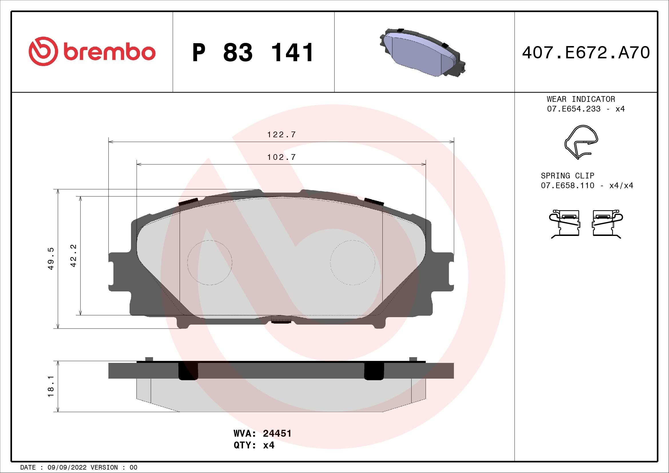 24451 BREMBO with acoustic wear warning, with accessories Height: 50mm, Width: 123mm, Thickness: 17mm Brake pads P 83 141 buy
