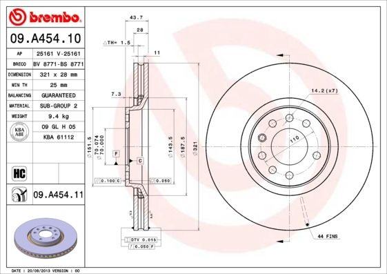 BREMBO COATED DISC LINE 09.A454.11 Brake disc 321x28mm, 5, internally vented, Coated, High-carbon