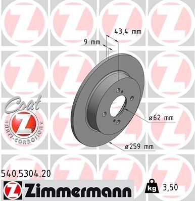 ZIMMERMANN COAT Z 540.5304.20 Brake disc 259x9mm, 6/4, 4x100, solid, coated