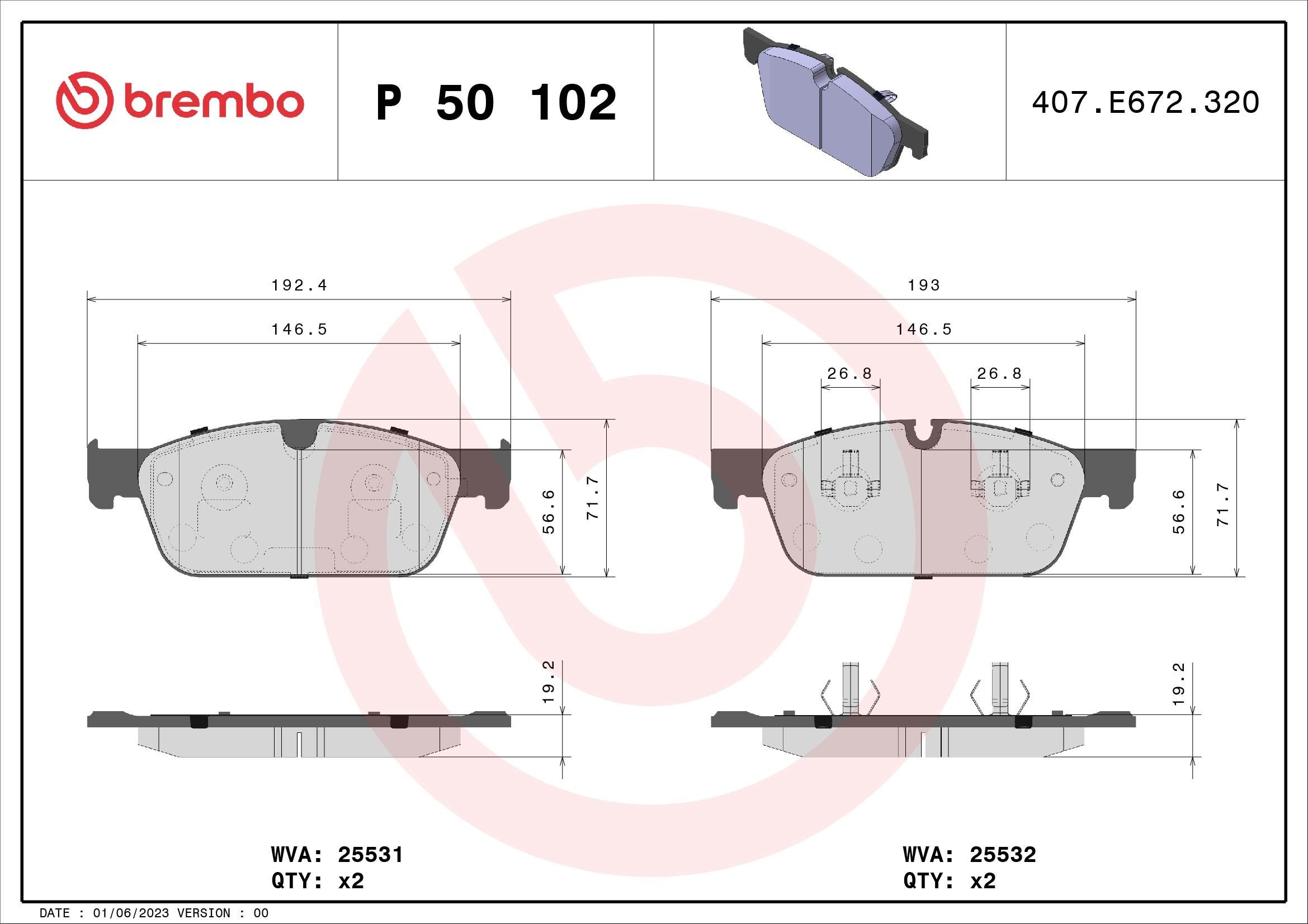 BREMBO P 50 102 Brake pad set prepared for wear indicator, with piston clip, without accessories