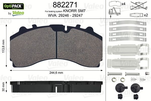 29246 VALEO OPTIPACK, Front Axle, excl. wear warning contact, without lock screw set Height: 113,7mm, Width: 244mm, Thickness: 30mm Brake pads 882271 buy