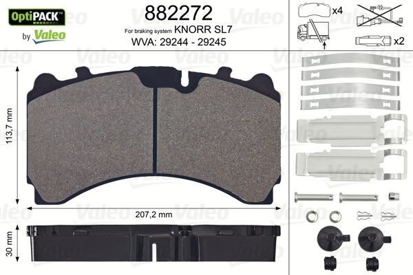29244 VALEO OPTIPACK, Rear Axle, excl. wear warning contact, without lock screw set Height: 113,7mm, Width: 207mm, Thickness: 30mm Brake pads 882272 buy
