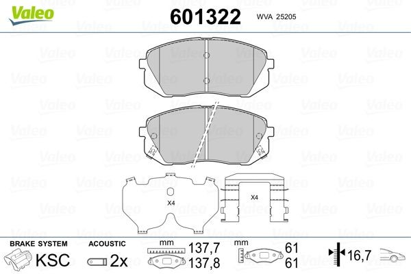 601322 Set of brake pads 601322 VALEO Front Axle, incl. wear warning contact, with anti-squeak plate, with slide rails