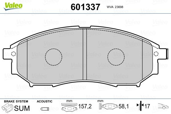 VALEO Front Axle, incl. wear warning contact, with anti-squeak plate Height: 58mm, Width: 157mm, Thickness: 17mm Brake pads 601337 buy