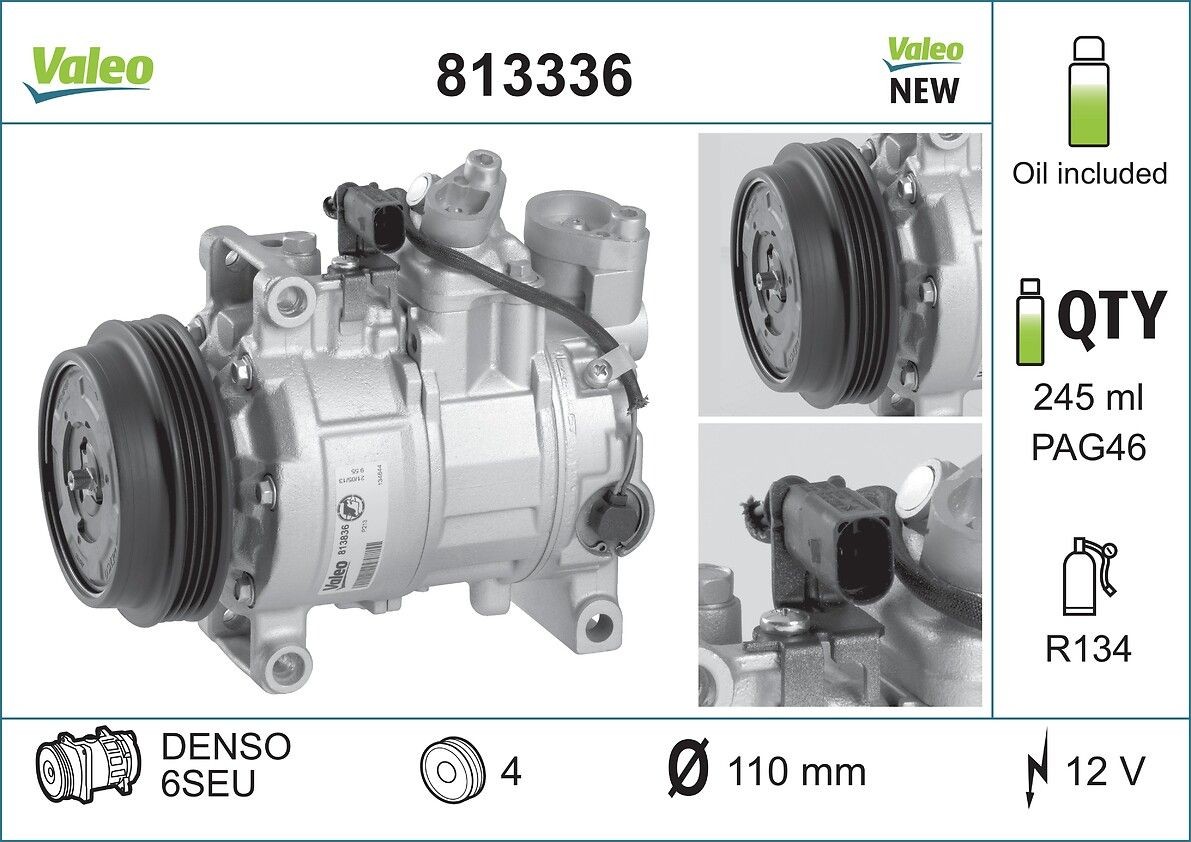 VALEO 813336 Air conditioning compressor 6SEU, 12V, PAG 46, R 134a, with PAG compressor oil, NEW ORIGINAL PART