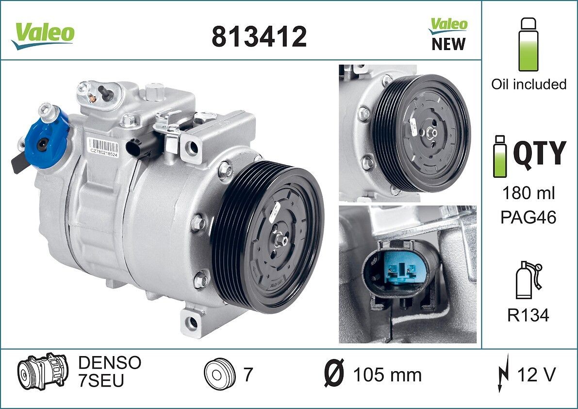 VALEO 813412 Air conditioning compressor 7SEU, 12V, PAG 46, R 134a, with PAG compressor oil, NEW ORIGINAL PART