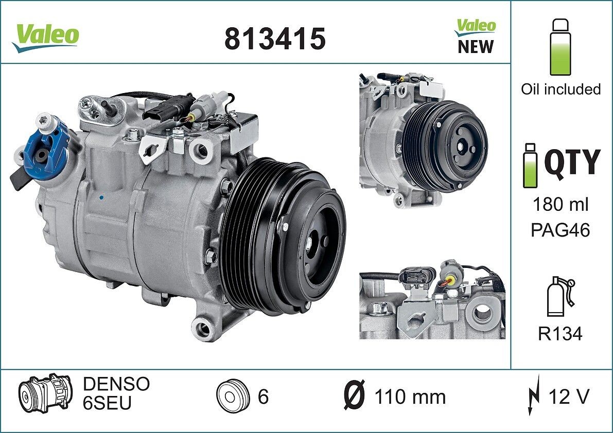 VALEO 813415 Air conditioning compressor 6SEU14, 12V, PAG 46, R 134a, with PAG compressor oil, NEW ORIGINAL PART