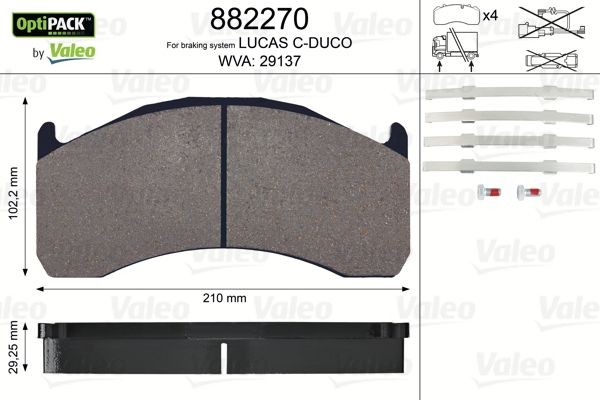 29137 VALEO OPTIPACK excl. wear warning contact, with bolts/screws Height: 102,2mm, Width: 210mm, Thickness: 29mm Brake pads 882270 buy