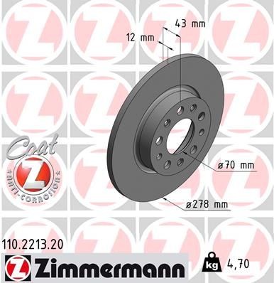 110.2213.20 ZIMMERMANN Brake rotors ALFA ROMEO 278x12mm, 10/5, 5x110, solid, Coated