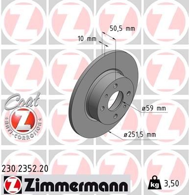 230.2352.20 ZIMMERMANN Brake rotors ALFA ROMEO 251x10mm, 6/4, 4x98, solid, Coated