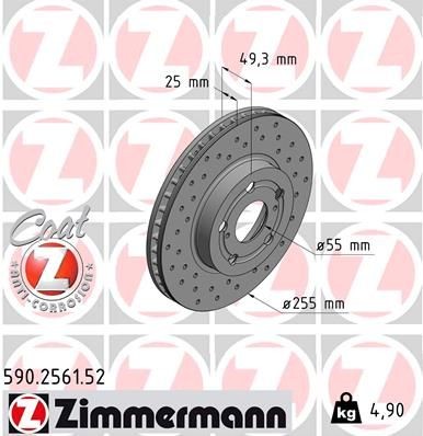 590.2561.52 ZIMMERMANN Brake rotors TOYOTA 255x25mm, 7/5, 5x100, internally vented, Perforated, Coated, High-carbon