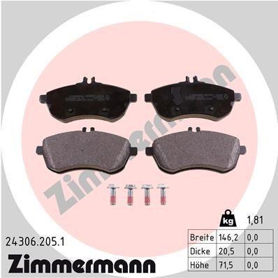 24306 ZIMMERMANN prepared for wear indicator, with bolts/screws, Photo corresponds to scope of supply Height: 72mm, Width: 146mm, Thickness: 20mm Brake pads 24306.205.1 buy