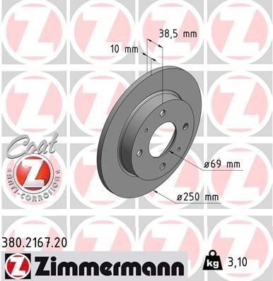 ZIMMERMANN COAT Z 250x10mm, 6/4, 4x114, solid, Coated Ø: 250mm, Rim: 4-Hole, Brake Disc Thickness: 10mm Brake rotor 380.2167.20 buy