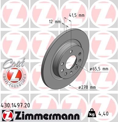 430.1497.20 ZIMMERMANN Brake rotors OPEL 278x12mm, 8/5, 5x110, solid, Coated