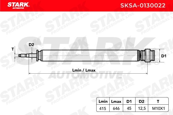 SKSA-0130022 Shocks SKSA-0130022 STARK Rear Axle, Rear Axle Right, Rear Axle Left, Gas Pressure, 646x415 mm, Twin-Tube, Telescopic Shock Absorber, Bottom eye, Top pin