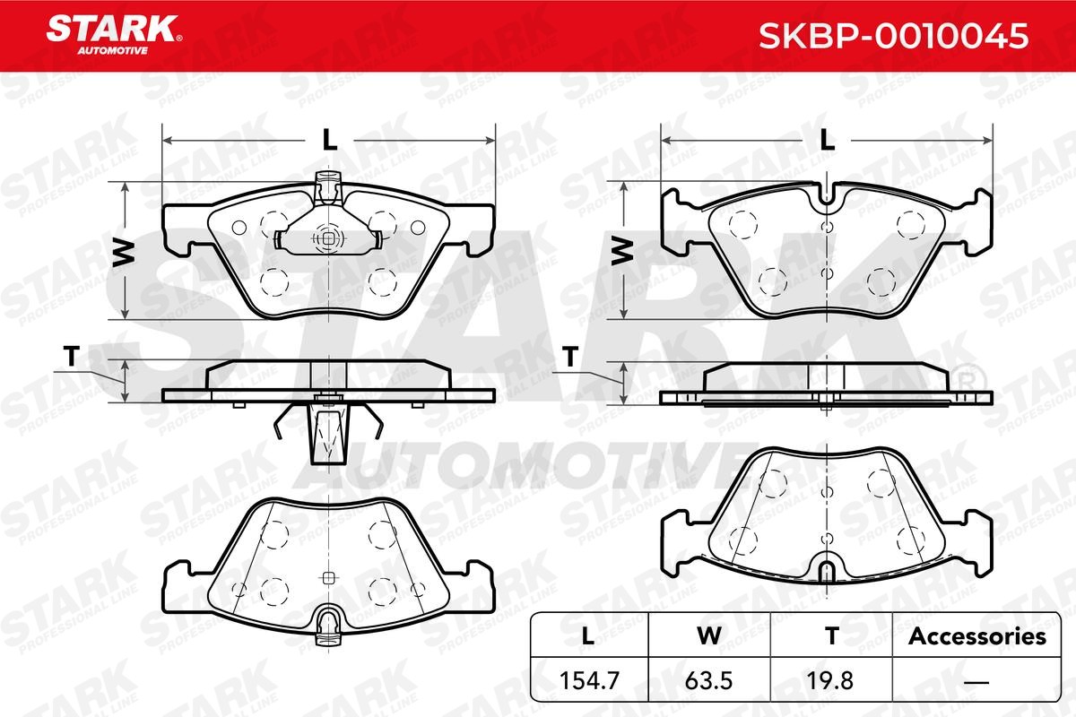 STARK SKBP-0010045 Disc pads Front Axle, Low-Metallic, prepared for wear indicator, with piston clip
