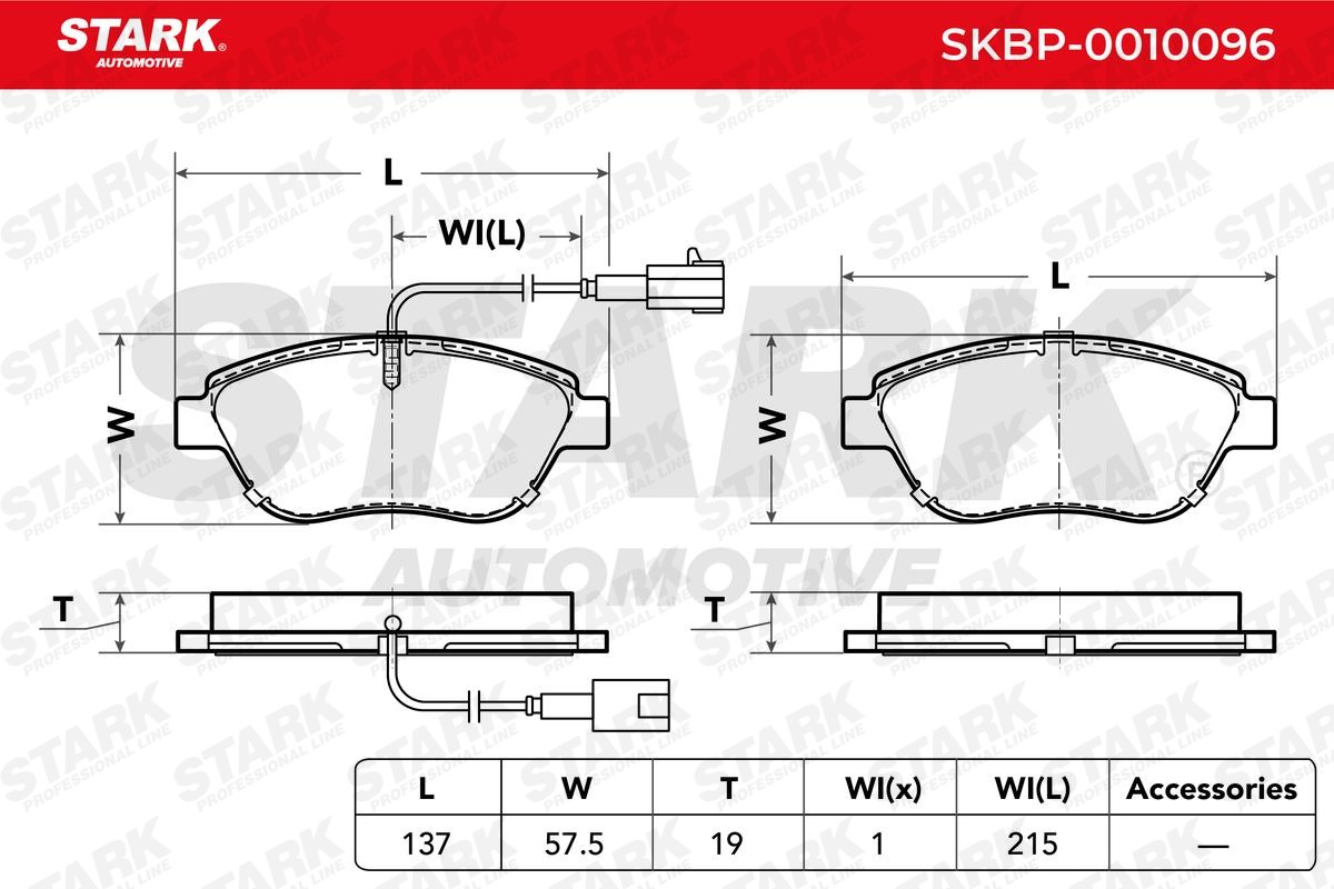 STARK SKBP-0010096 Disc pads Front Axle, Low-Metallic, with integrated wear warning contact, with brake caliper screws, with accessories