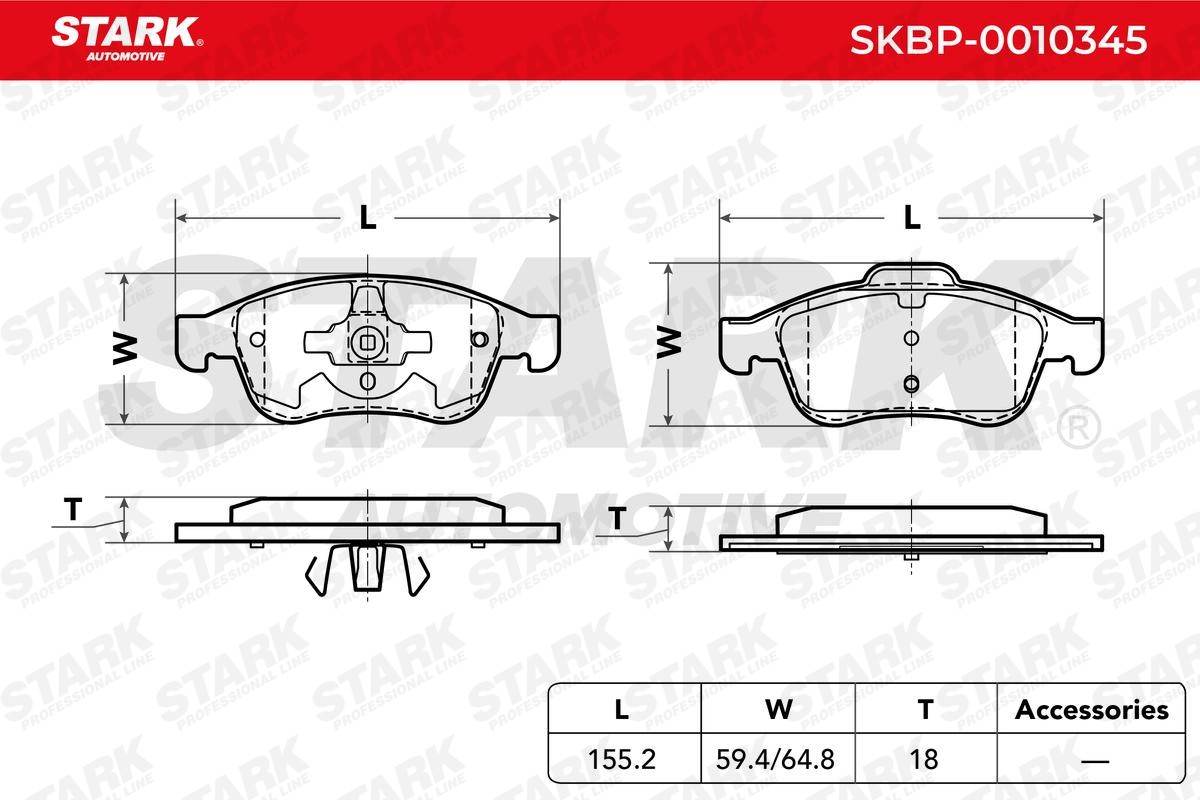 STARK SKBP-0010345 Disc pads Front Axle, excl. wear warning contact, with piston clip, without accessories