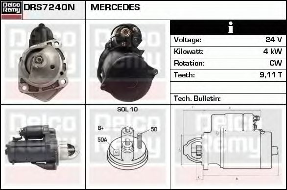 DELCO REMY Starter motors DRS7240N suitable for MERCEDES-BENZ T2, VARIO