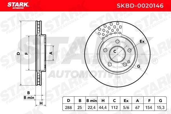 Disco freno SKBD-0020146 STARK Assale anteriore, 288x25mm, 05/06x112, ventilazione interna, senza mozzo portaruota, senza bullone fissaggio ruota