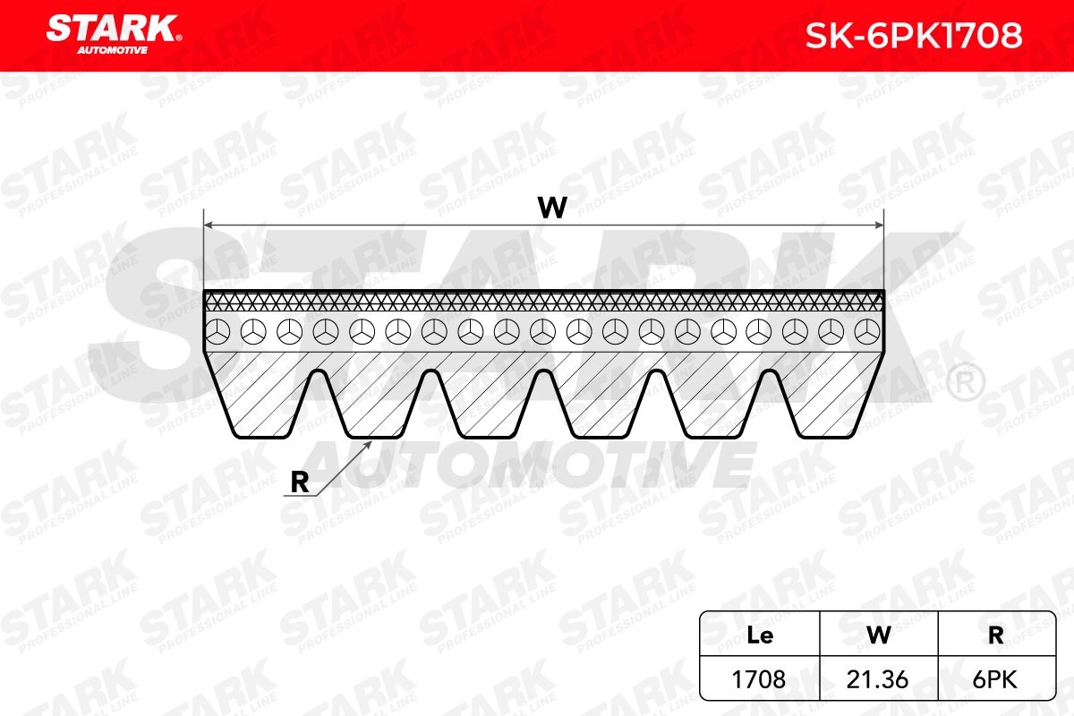 SK-6PK1708 Ribbed belt SK-6PK1708 STARK 1708mm, 6, Polyester, EPDM (ethylene propylene diene Monomer (M-class) rubber)