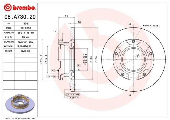 BREMBO 08.A730.20 Ford TRANSIT 2011 Brake discs and rotors