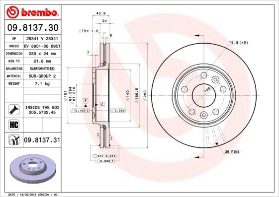 BREMBO COATED DISC LINE 09.8137.31 Brake disc 280x24mm, 5, internally vented, Coated, High-carbon
