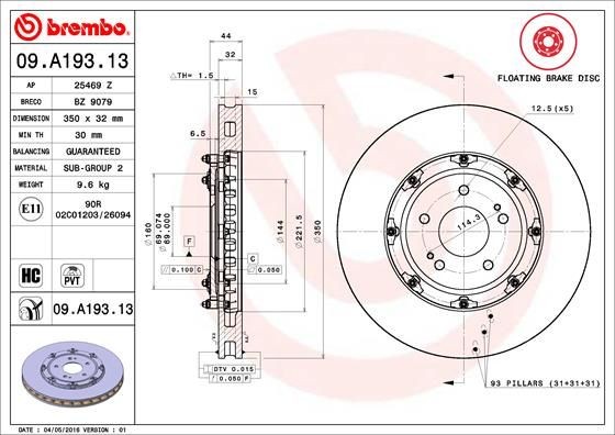 BREMBO TWO-PIECE FLOATING DISCS LINE 09.A193.13 Brake disc 350x32mm, 5, internally vented, two-part brake disc, Coated, High-carbon