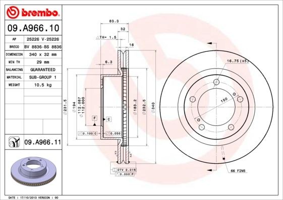 BREMBO COATED DISC LINE 09.A966.11 Brake disc 340x32mm, 5, internally vented, Coated