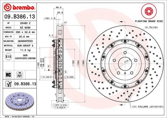 Buy Brake disc BREMBO 09.B386.13 - Tuning parts NISSAN GT-R online