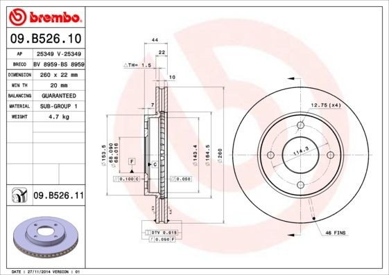 BREMBO 260x22mm, 4, internally vented Ø: 260mm, Num. of holes: 4, Brake Disc Thickness: 22mm Brake rotor 09.B526.10 buy