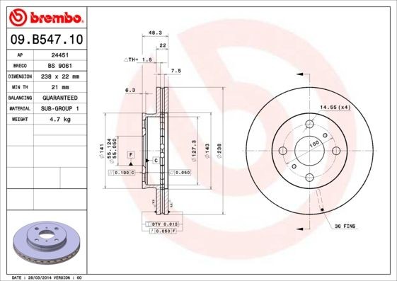 BREMBO 238x22mm, 4, internally vented Ø: 238mm, Num. of holes: 4, Brake Disc Thickness: 22mm Brake rotor 09.B547.10 buy
