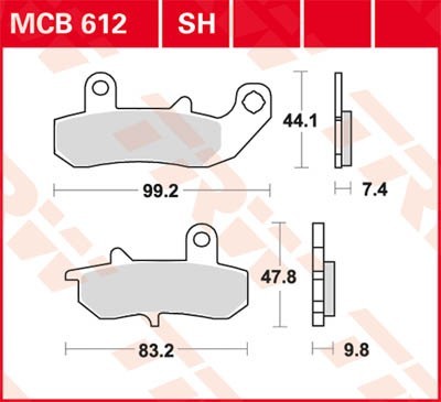 TRW Organic Allround Height 1: 44,1mm, Height 2: 47,8mm, Thickness 1: 7,4mm, Thickness 2: 9,8mm Brake pads MCB612 buy