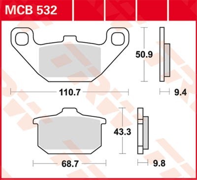 TRW Organic Allround Height 1: 50,9mm, Height 2: 43,3mm, Thickness 1: 9,4mm, Thickness 2: 9,8mm Brake pads MCB532 buy